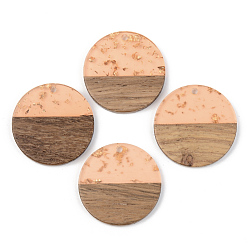 Темный Лосось Подвески из прозрачной смолы и ореха, золотой фольгой, плоско-круглые, темный лосось, 28x3 мм, отверстие : 2 мм