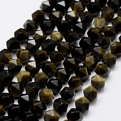 Golden Sheen Obsidian Natural Golden Sheen Obsidian Beads Strands, Star Cut Round Beads, Faceted, 6mm, Hole: 1mm, about 65pcs/strand, 15.3 inch
