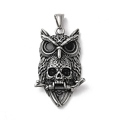 Античное Серебро 304 из нержавеющей стали большие кулоны, сова с подвесками в виде черепа, античное серебро, 51.5x32x11 мм, отверстие : 9x5 мм.