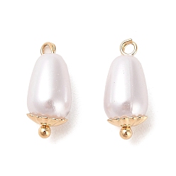 Blanco Colgantes de perlas de imitación de plástico abs, con accesorios de latón chapados en oro real 18k, encanto ovalado, blanco, 14x6 mm, agujero: 1.2 mm