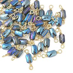 Стально-синий Гальваническое стекло граненый прямоугольник соединительные подвески, с петлями из латунной проволоки, реальный 18 k позолоченный, стойки покрытие, долговечный, стальной синий, 15.5x4x3 мм, отверстие : 1.6~1.8 мм