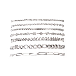Нержавеющая Сталь Цвет 7 шт. 304 цепочки из нержавеющей стали «Фигаро», венецианские цепочки, цепочки «Водяная волна», цепочки-кабели, цепочки-«Роло» и браслеты для женщин, цвет нержавеющей стали, 7-1/4~7-3/8 дюйм (18.3~18.8 см)