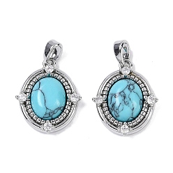 Платина Овальные подвески из синтетической бирюзы, латунные прозрачные кубические циркониевые подвески, платина, 18x15x4.5 мм, отверстие : 3.5x2.5 мм