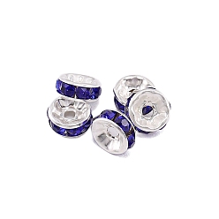 Sapphire Rondelle Brass Rhinestone Spacer Beads, Sapphire, 4mm, Hole: 1mm