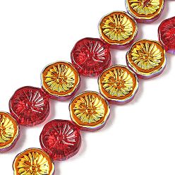 Красный Полугальванизированная краска для запекания стеклянные бусины нити, плоский круглый с цветком, с покрытием AB цвета, красные, 12x4 мм, отверстие : 1 мм, около 50 шт / нитка, 23.62'' (60 см)