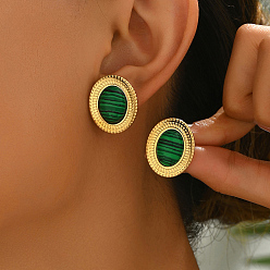 Малахит Винтажные серьги-гвоздики из нержавеющей стали с малахитом, овальные, золотые, 23x13 мм