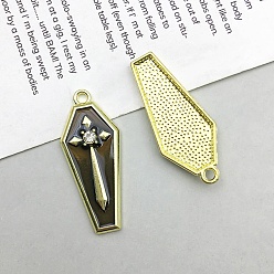 Golden Halloween Alloy Enamel Pendants, Coffin with Cross, Golden, 31x13mm