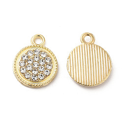 Light Gold Подвески из сплава , с кристально горный хрусталь, плоский круглый шарм, без свинца и без кадмия, золотой свет, 15.5x12.5x2 мм, отверстие : 1.6 мм