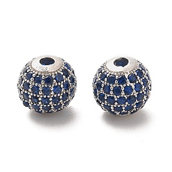 Dark Blue Rhodium Plated 925 Sterling Silver Micro Pave Cubic Zirconia Beads, Round, Real Platinum Plated, Dark Blue, 10x9mm, Hole: 2.2mm