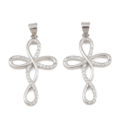 Platinum Brass Micro Pave Clear Cubic Zirconia Pendants, Infinity Shaped Cross Charms, Cadmium Free & Lead Free, Platinum, 30x19x3mm, Hole: 5X3mm