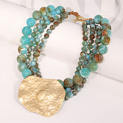 Oval Многослойные ожерелья из круглых акриловых бусин с подвеской из сплава для женщин, золотые, бирюзового цвета, овальные, 20.47 дюйм (52 см), Кулон : 83x75 мм