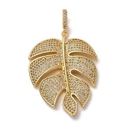 Настоящее золото 18K Латунные микро проложить кубического циркония подвески, талисманы листьев монстеры, стойки покрытие, прочное покрытие, без кадмия и без свинца, реальный 18 k позолоченный, 41.5x31x4 мм, отверстие : 4x5.5 мм