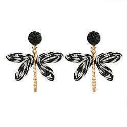 Черный Серьги-гвоздики из сплава и рафии, стрекоза, золотые, чёрные, 65x61 мм