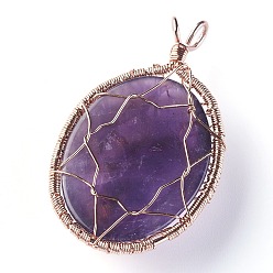 Amethyst Natural Amethyst Big Pendants, with Rose Gold Tone Brass Findings, Oval with Tree of Life, 56~58.5x35~36x12~13.8mm, Hole: 4.2~5.2x4.6~6mm