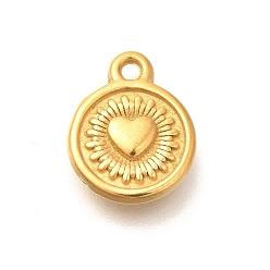Настоящее золото 18K Ионное покрытие (ip) 304 брелоки из нержавеющей стали, плоский круглый с подвеской в виде сердца, реальный 18 k позолоченный, 12.5x10.5x2.3 мм, отверстие : 1.7 мм
