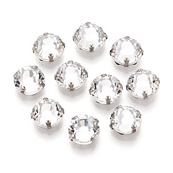 Платина Плоская круглая вышивка стразами, стекло горный хрусталь, с настройками латуни, аксессуары для одежды, граненые, платина, 8x4.5 мм, отверстие : 1~1.2 мм