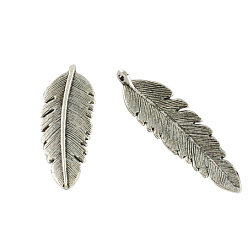 Античное Серебро Тибетский сплав стиля большие кулоны, без кадмия, без никеля и без свинца, перо, античное серебро, 56x17.5x4 мм, отверстие : 1 мм