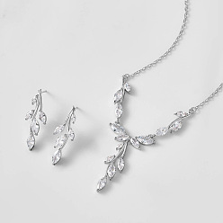 Платина Комплект из ожерелья и серег-гвоздиков с прозрачным кубическим цирконием в форме листа из латуни, платина, 450 мм