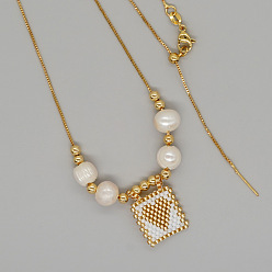 Белый Летние стеклянные бусины квадратные с подвеской в виде сердца, ожерелья из натурального жемчуга и латунных бусин для женщин, золотые, белые, 23.62 дюйм (60 см)