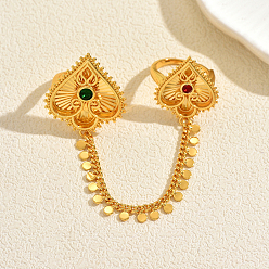 Golden Brass Micro Pave Cubic Zirconia Cuff Open Double Rings for Women, Heart, with Chain, Golden, 28mm, Inner Diameter: 16~18mm