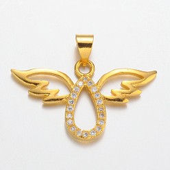 Золотой Ангел латуни микро проложить кубического циркония подвески, без свинца и без никеля , золотые, 27x16x2 мм, отверстие : 3x5 мм