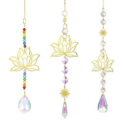 Золотой 3шт. латунные подвесные украшения в виде лотоса, стеклянные подвески-ловушки для солнца в форме капли для украшения сада, золотые, 372~465 мм