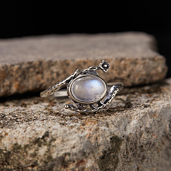 Лунный Камень 925 Кольца из стерлингового серебра с натуральным лунным камнем, античное серебро, овальные, внутренний диаметр: 20 мм
