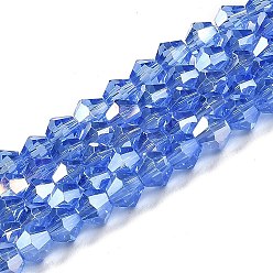Light Blue Transparent Electroplate Glass Beads Strands, AB Color Plated, Faceted, Bicone, Light Blue, 4x4mm, Hole: 0.8mm, about 82~85pcs/strand, 12.01~12.2 inch(30.5~31cm)