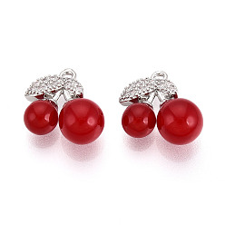 Платина Подвески из латуни с микропаве из кубических цирконий и акрила, черри прелести, без кадмия, без никеля и без свинца, платина, 14.2x15x8 мм, отверстие : 1.2~1.4 мм