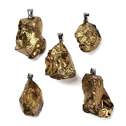 Темно-Золотистый Подвески из гальванизированного необработанного натурального кварца, подвески-самородки с железной фурнитурой, платина, темные золотарник, 31~42x18~35x8~33 мм, отверстие : 6.5x4.5 мм