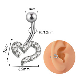 Сердце G23 серьги-гвоздики с изогнутой штангой и прозрачным кубическим цирконием из титана, платина, сердце, Длина стержня: 10мм, штифты : 1.2 мм
