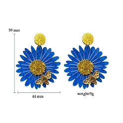 Королевский синий Акриловые серьги-гвоздики с цветами и пчелами, золотые, королевский синий, 59x44 мм