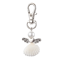 Сердце Ангел спиральная ракушка кулон украшение, Стеклянные жемчужные круглые бусины и сплавы, поворотные застежки-когти-омары, подвески для украшений сумок, сердце, 62.5 мм