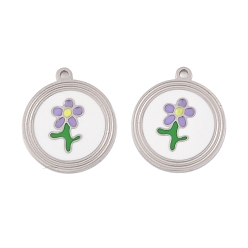 Нержавеющая Сталь Цвет 304 нержавеющей стальной эмали подвески, плоская круглая с подвеской в виде цветка, цвет нержавеющей стали, 16.5x14x1.5 мм, отверстие : 1.4 мм