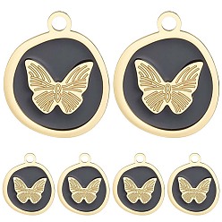 Черный 8шт. вакуумное покрытие pvd 201 подвески из нержавеющей стали, с эмалью, плоский круглый с подвеской в виде бабочки, реальный 18 k позолоченный, чёрные, 18x15x1.5 мм, отверстие : 1.8 мм