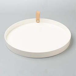 White Round ABS Plastic Desktop Storage Tray, with PU Leather Handle, Jewelry Trays, Snack Tray Plate, for Living Room Kitchen Table Home Decoration, White, 26.4x2.4cm