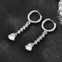 Platine Boucles d'oreilles créoles pendantes en laiton serties de micro-pavés de zirconiums cubiques, cœur, sans plomb et sans cadmium, crémaillère plaquage, plaqué longue durée, platine, 40x7mm