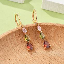 Золотой Серьги-кольца из латуни с каплевидным узором и разноцветными кубическими цирконами для женщин, без кадмия и без свинца, долговечный, стойки покрытие, золотые, 36.5x5.5 мм