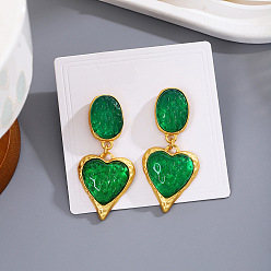 Зеленый Серьги-гвоздики из цинкового сплава и смолы., сердце, золотые, зелёные, 55x25 мм