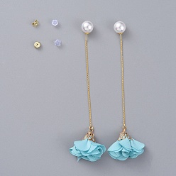 Cyan Stud Earrings, with Flower Shape Handmade Cloth Pendant, Brass Ear Threads and Acrylic Imitation Pearl Ear Nuts, Cyan, 102mm, Pin: 0.8mm