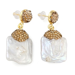 Темно-Золотистый Серьги-гвоздики ручной работы из Индонезии с покрытием стойки самородки из латуни со стразами и натуральным жемчугом, долговечный, темные золотарник, 42x19 мм