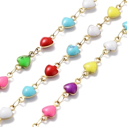 Colorful Ion Plating(IP) 304 Stainless Steel Link Chains, with Resin & Enamel & Spool, Unwelded, Real 18K Gold Plated, Heart, Colorful, 10x5x2.5mm, about 32.81 Feet(10m)/Roll