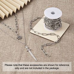 Stainless Steel Color 304 Stainless Steel Paperclip Chains, Flat Oval, Drawn Elongated Cable Chains, with Spool, Unwelded, Stainless Steel Color, Link: 18x7x1.6mm, about 32.8 Feet(10m)/roll