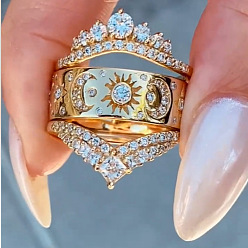 Золотой 3шт. латунные кольца с микропаве из прозрачных кубических цирконий для женщин, корона, штабелируемые кольца, золотые, размер США 6 (16.5 мм)