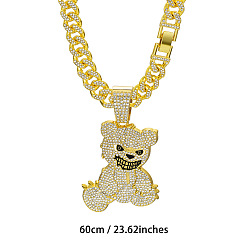Золотой Мужские кубинские звенья цепи с подвеской в виде медведя из цинкового сплава, полностью украшенной кристаллами и стразами, золотые, 23.62 дюйм (60 см)