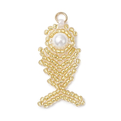 Светло-хаки Подвески в виде рыбок из стеклянных бус, с круглой бусиной из ракушки и 304 открытыми соединительными кольцами из нержавеющей стали, светлый хаки, 34.5x16x6 мм, отверстие : 3 мм