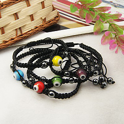 Mixed Color Fashion Lampwork Evil Eye Braided Ball Bracelets, Square Knot Bracelet, with Non-magnetic Hematite Beads and Nylon Cord, Mixed Color, 50~95mm