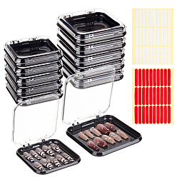 Black 20Pcs Transparent Plastic Nail Art Tool Storage Box, with 2 Sheets Double Side Adhesive Glue Sticky Tape For False Nail Tips, Black, 7.7x7.5x1.6~1.7cm, Inner Diameter: 6.7x6.65x0.5cm