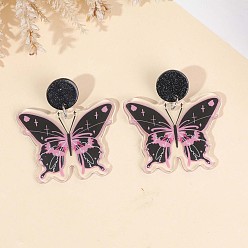 Черный Акриловые болтаться серьги стержня, бабочка, платина, чёрные, 50x45 мм
