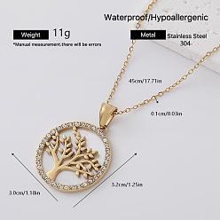Golden 304 Stainless Crystal Rhinestone Tree of Life Pendant Necklaces for Women, with Resin, White, Golden, 17.72 inch(45cm)